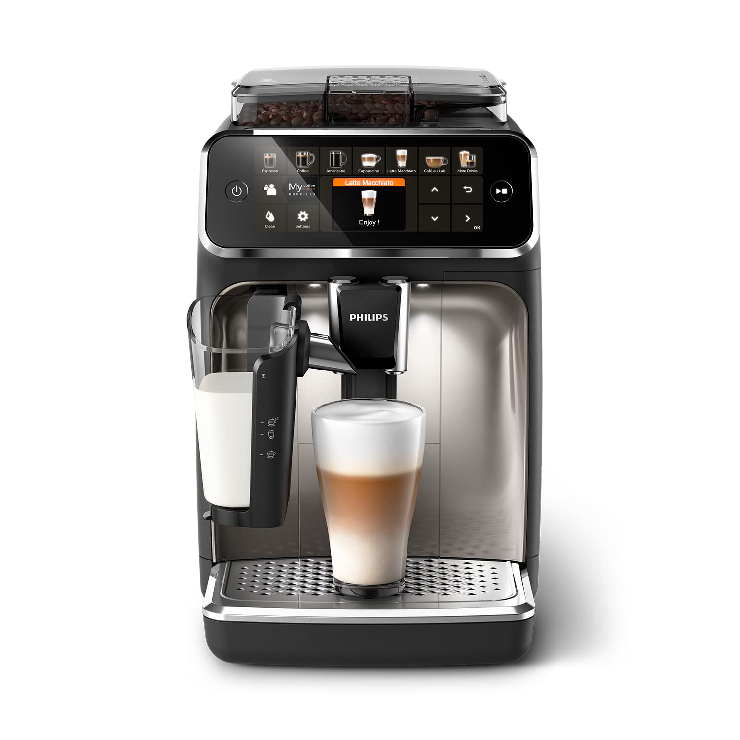 61651R8ucjL PHILIPS Kaffeevollautomat LatteGo 5400 Serie, Chrom, 12 Spezialitäten – Bild 1