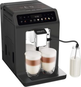 KRUPS Evidence One Kaffeevollautomat mit Milchschlauch, One-Touch-Cappuccino, 12 Getränkespezialitäten, 2-Tassen-Funktion, Farbdisplay, Kaffeemaschine, TÜV-Siegel, Schwarz, EA895N10