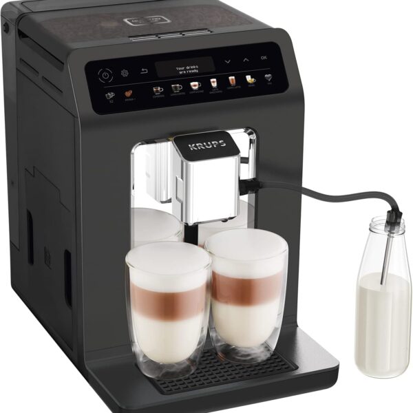 KRUPS Evidence One Kaffeevollautomat mit Milchschlauch, One-Touch-Cappuccino, 12 Getränkespezialitäten, 2-Tassen-Funktion, Farbdisplay, Kaffeemaschine, TÜV-Siegel, Schwarz, EA895N10